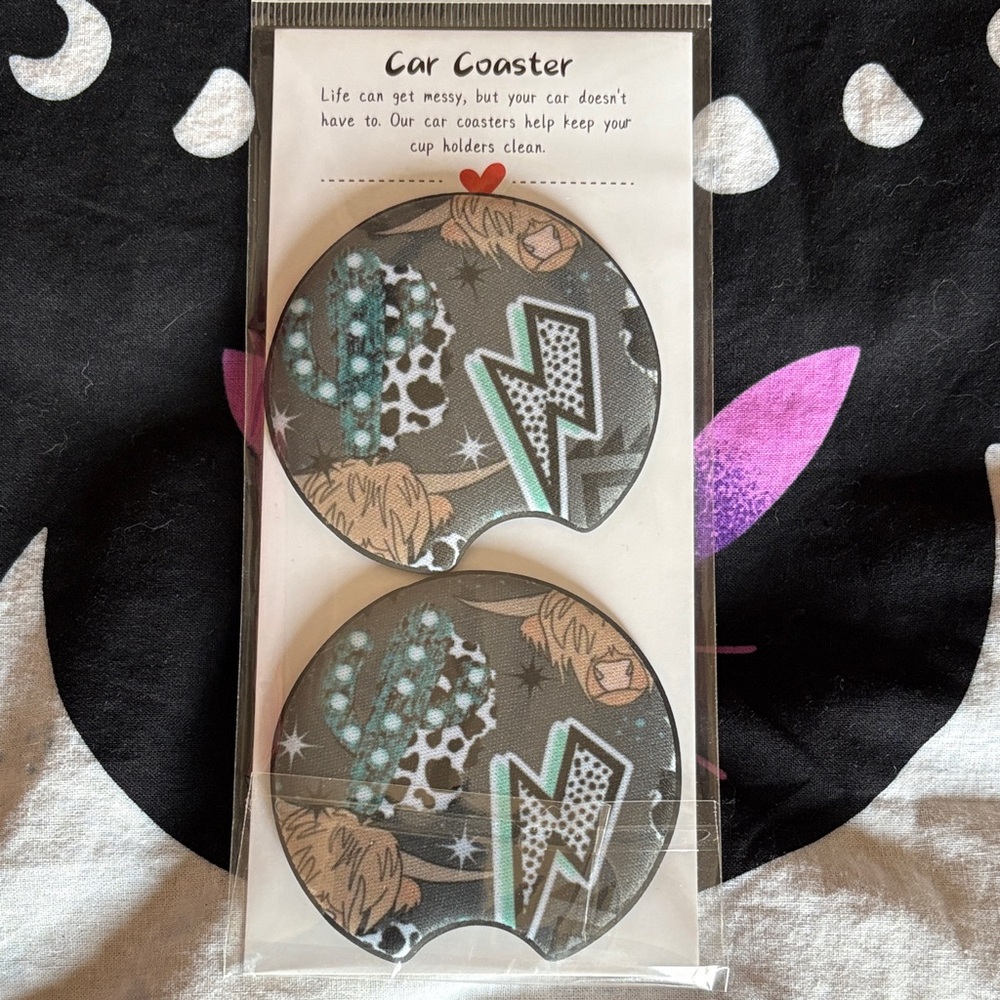 Gray and Teal Car Coasters with Cactus and Lightning Design